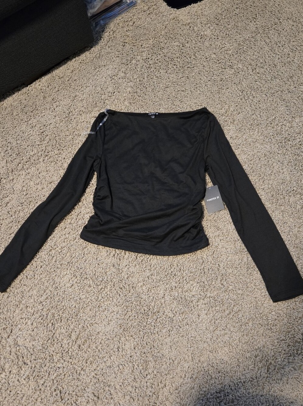 Juniors Ruched Side Black Long Sleeve Top